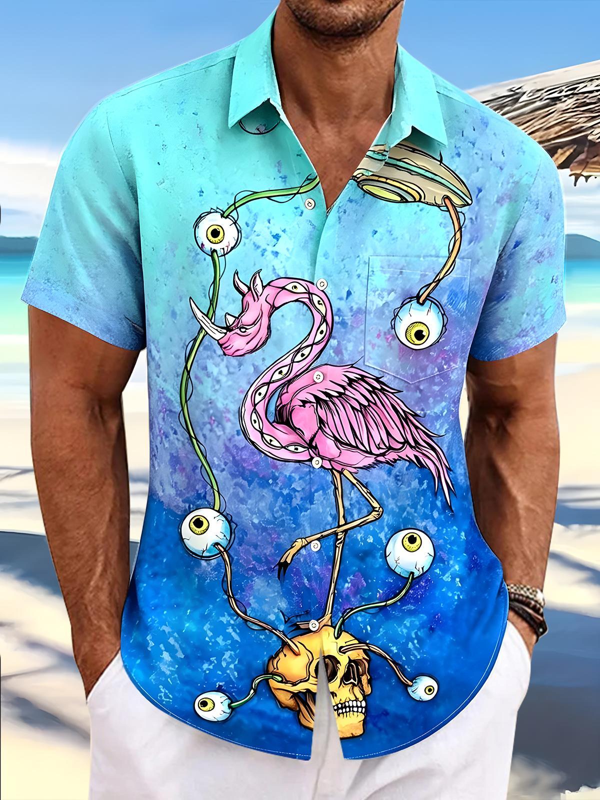 Men's Hawaiian flamingo skull eyes pocket short sleeve shirt front view for tropical beach vacation