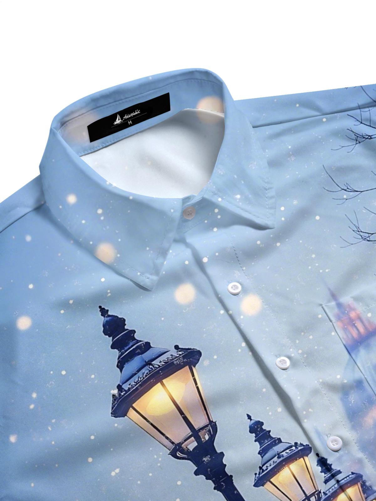 Winter Street Scene Print Men's Pocket Short Sleeve Shirts