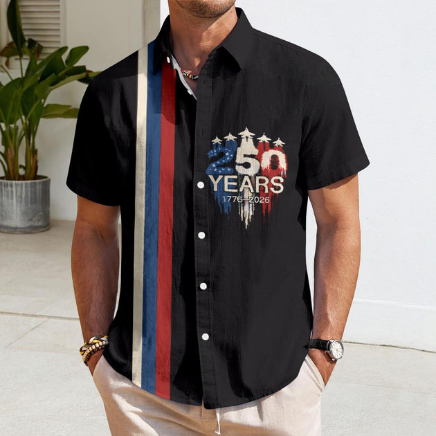 Men's American flag Hawaiian shirt lifestyle shot at a summer vacation fireworks display, short sleeve tropical top for