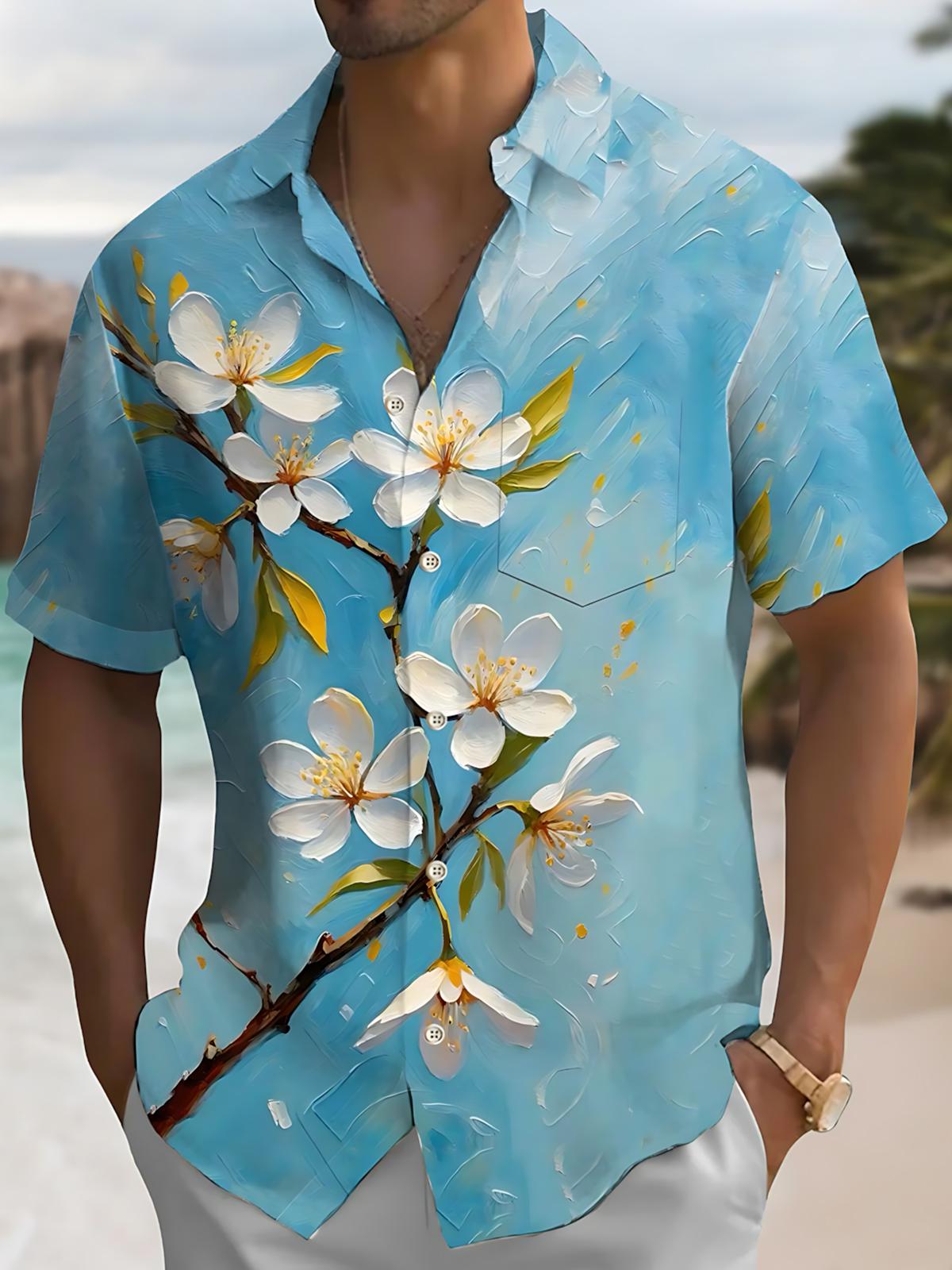 Men's flower print short sleeve pocket shirt front view