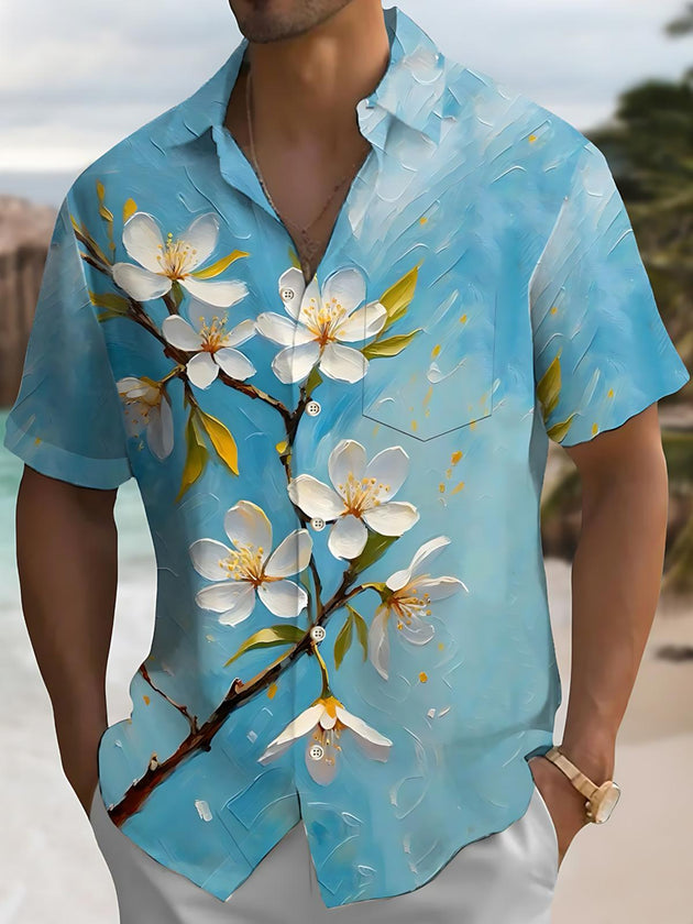 Men's flower print short sleeve pocket shirt front view