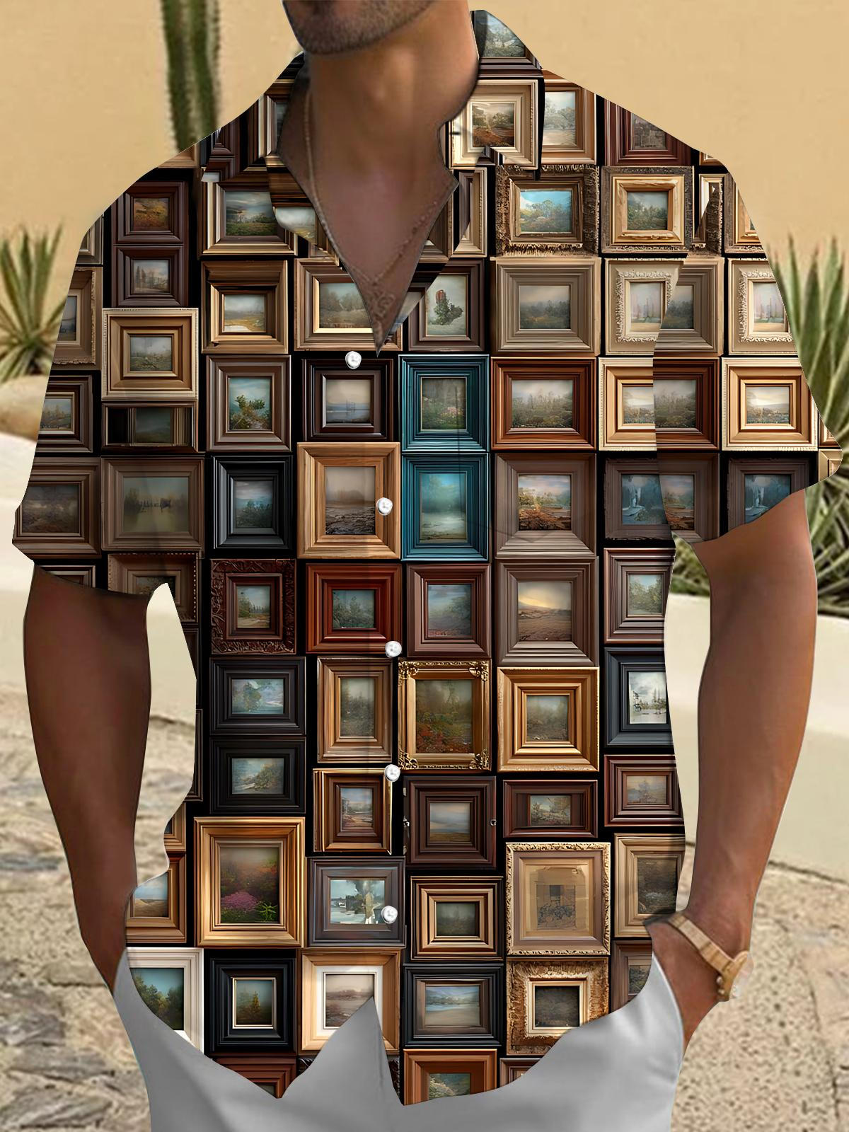 Vintage Album Print Men's Pocket Short Sleeve Shirts