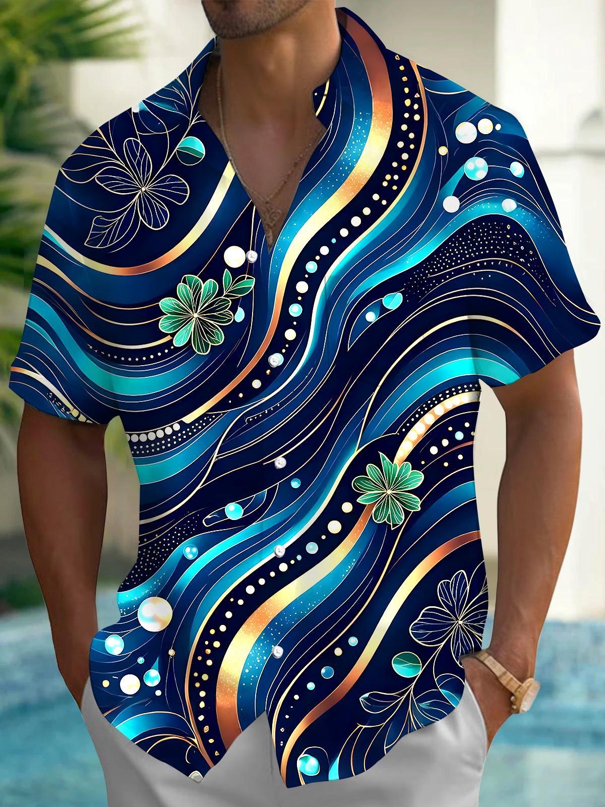 Men's abstract floral short sleeve shirt front view for tropical beach vacation