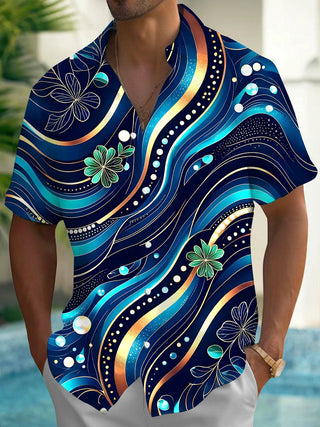 Men's abstract floral short sleeve shirt front view for tropical beach vacation