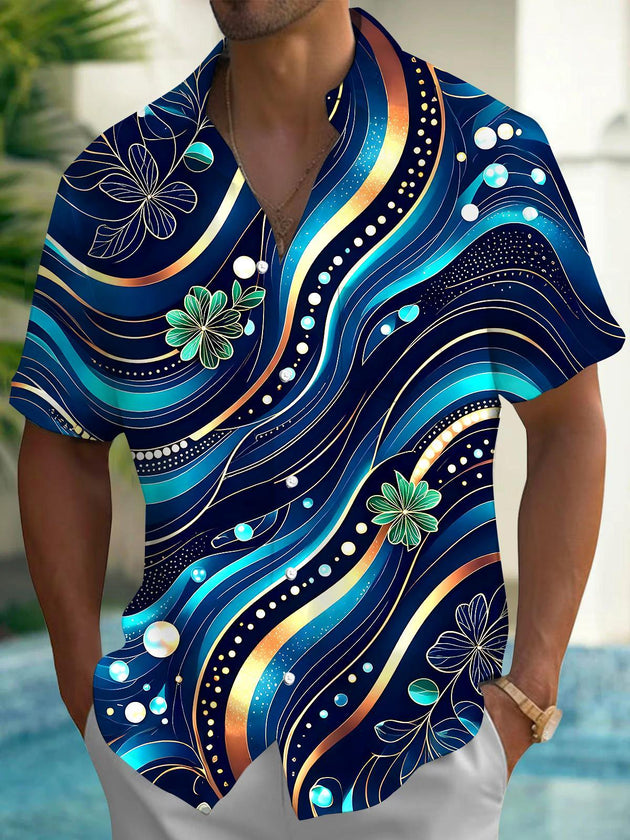 Men's abstract floral short sleeve shirt front view for tropical beach vacation
