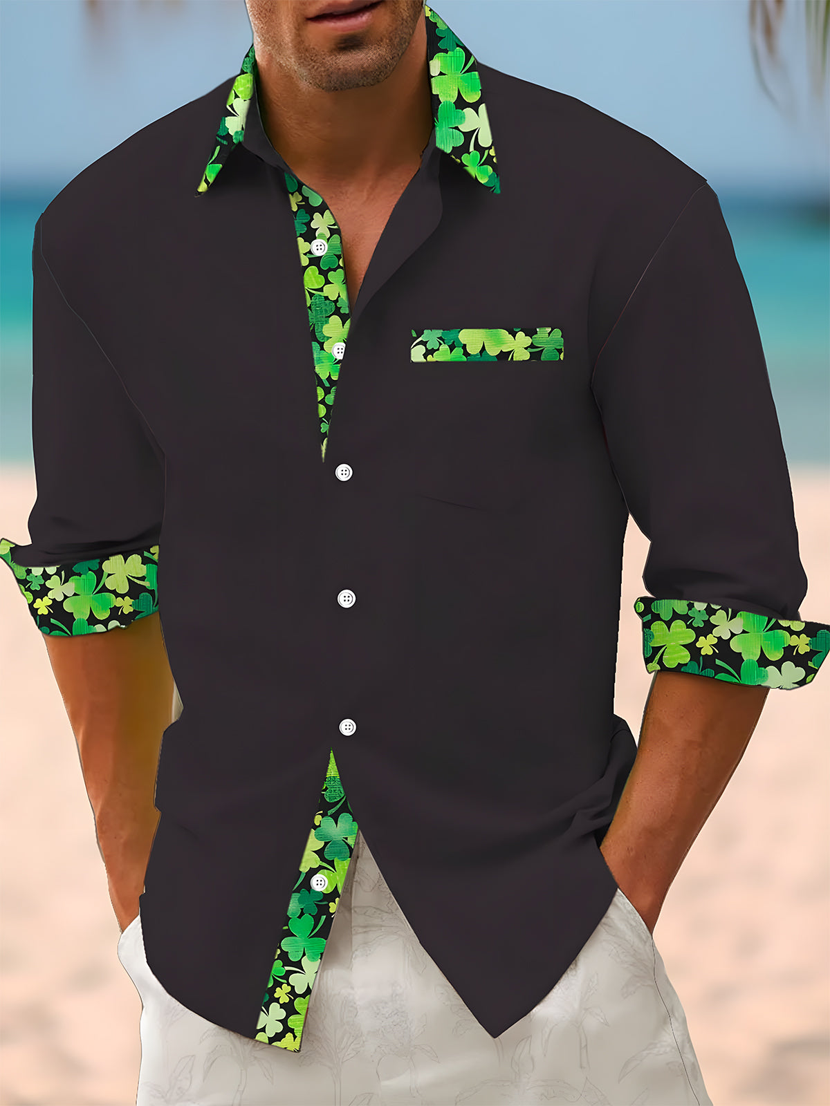 St. Patrick's Day Shamrock Print Men's Pocket Long Sleeve Shirts