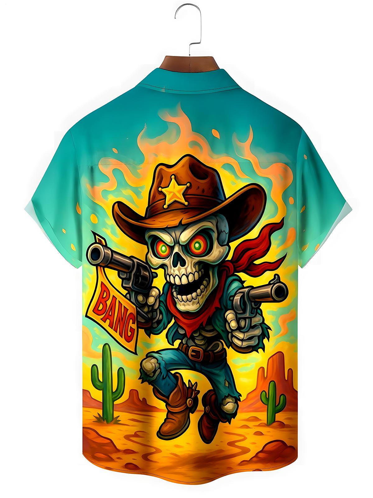 Western Skull Cowboy Men's Pocket Short Sleeve Shirts
