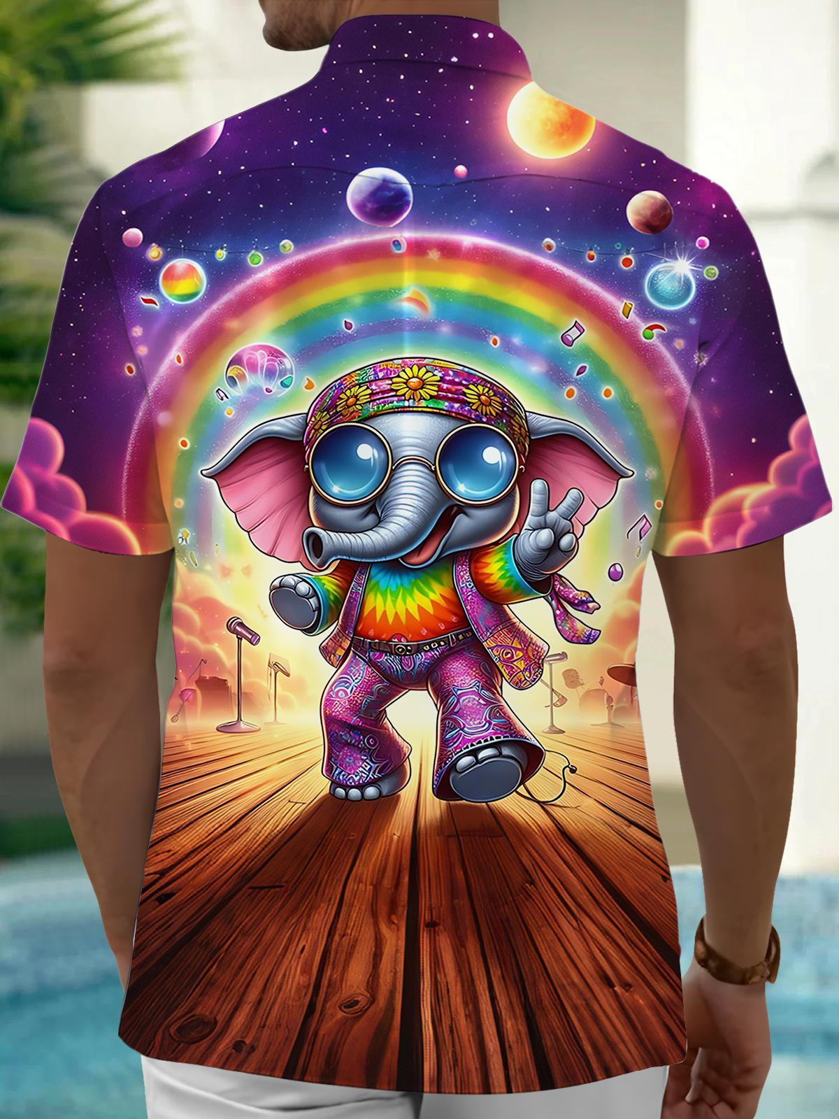 Funny Hippie Elephant Rainbow Print Men's Pocket Short Sleeve Shirts