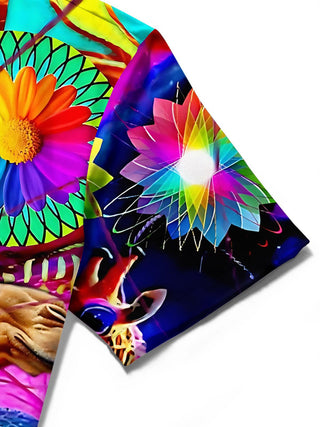 Men's short sleeve shirt close-up detail of giraffe camel art print pocket