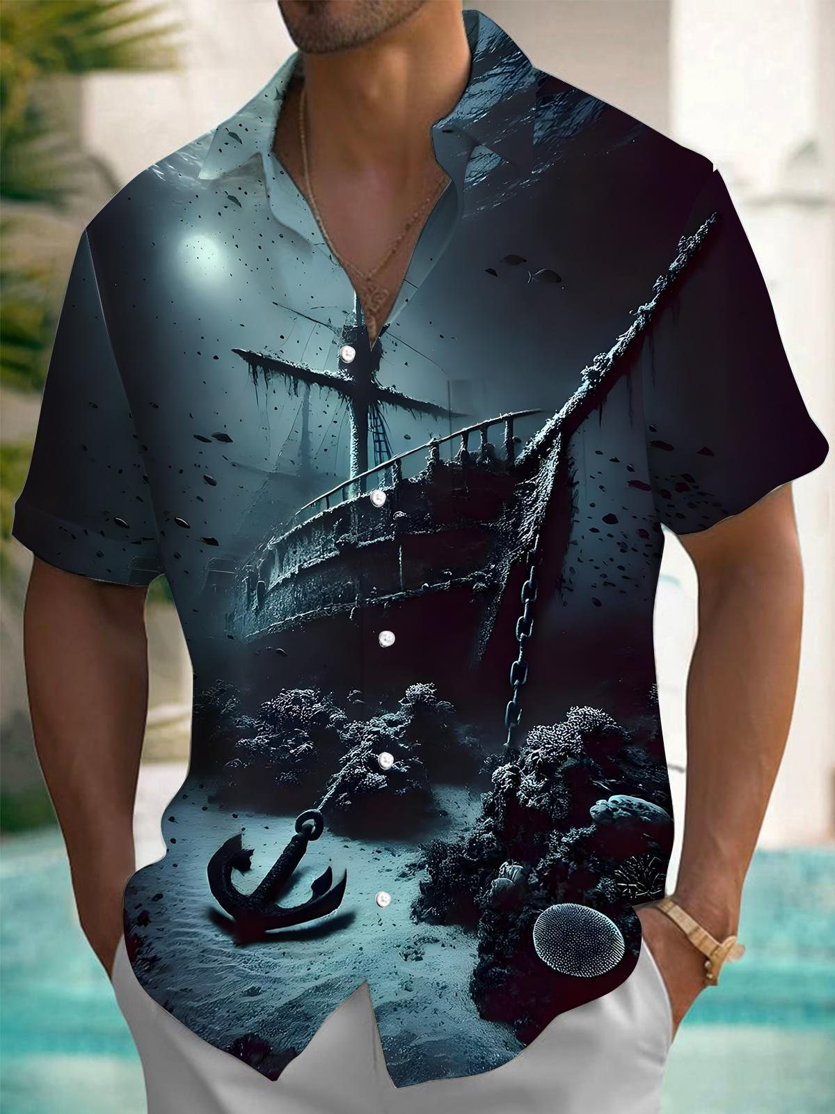 Boat Print Men's Pocket Short Sleeve Shirts