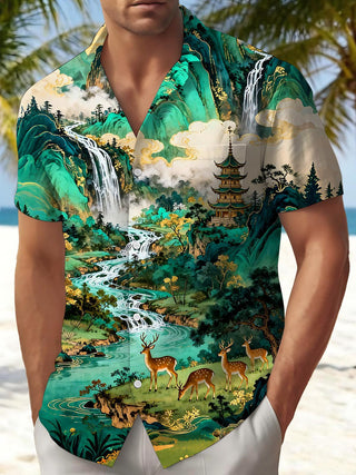 Art Green Landscape With Elk Men's Pocket Short Sleeve Shirts