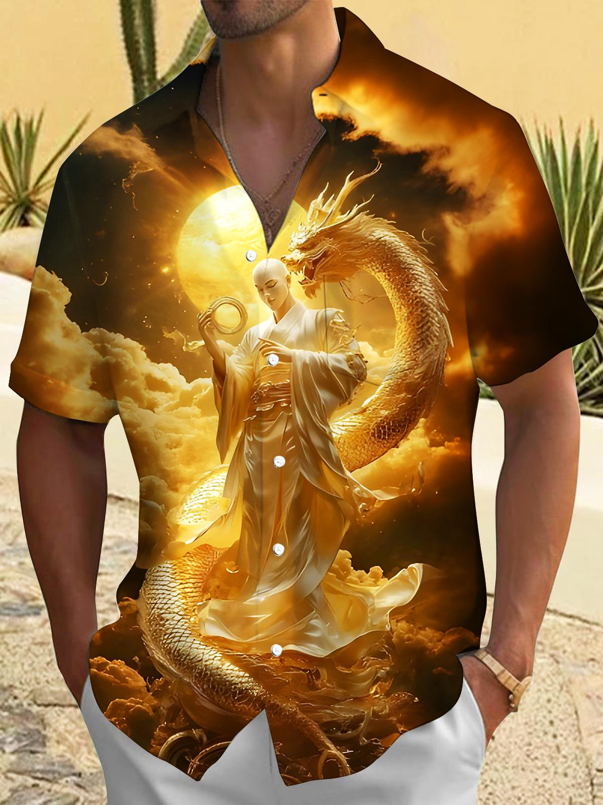Art Gilded Dragon Auspicious Symbols Men's Pocket Short Sleeve Shirts