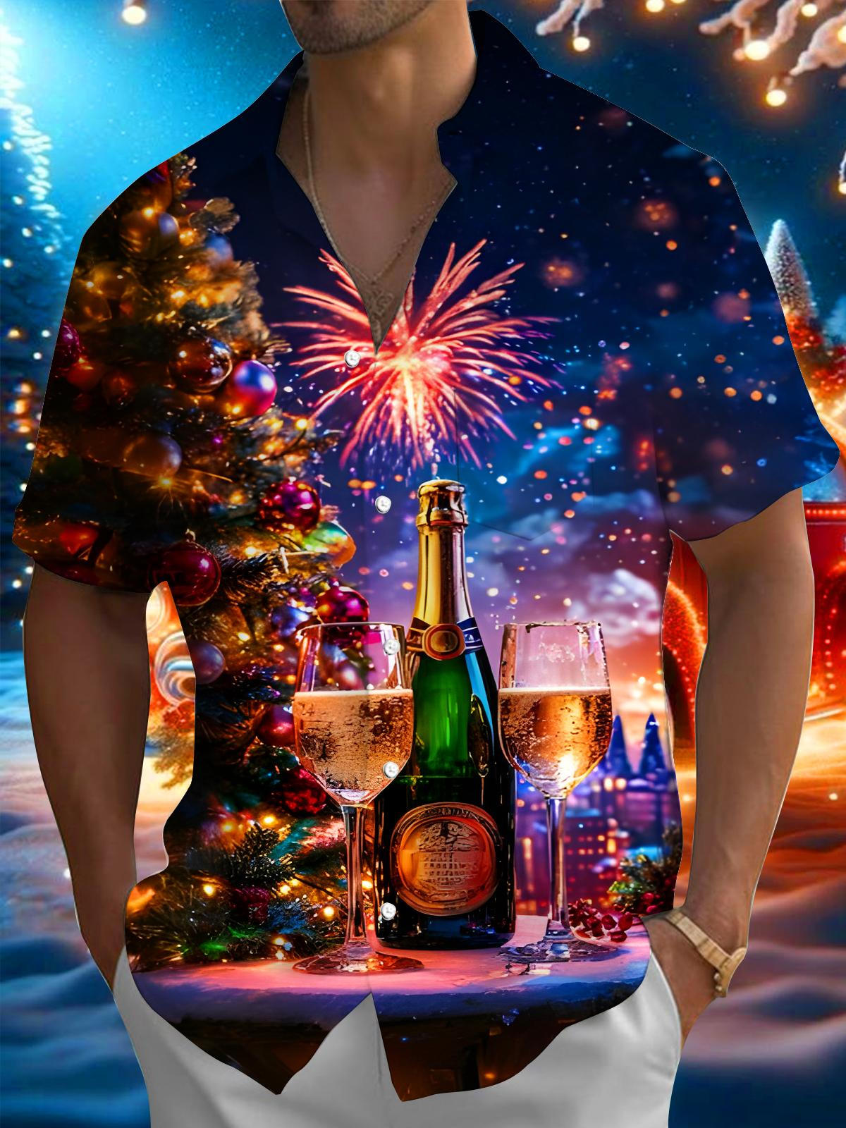 Celebrations Fireworks Wine Glasses Christmas Trees Xmas Men's Pocket Short Sleeve Shirts