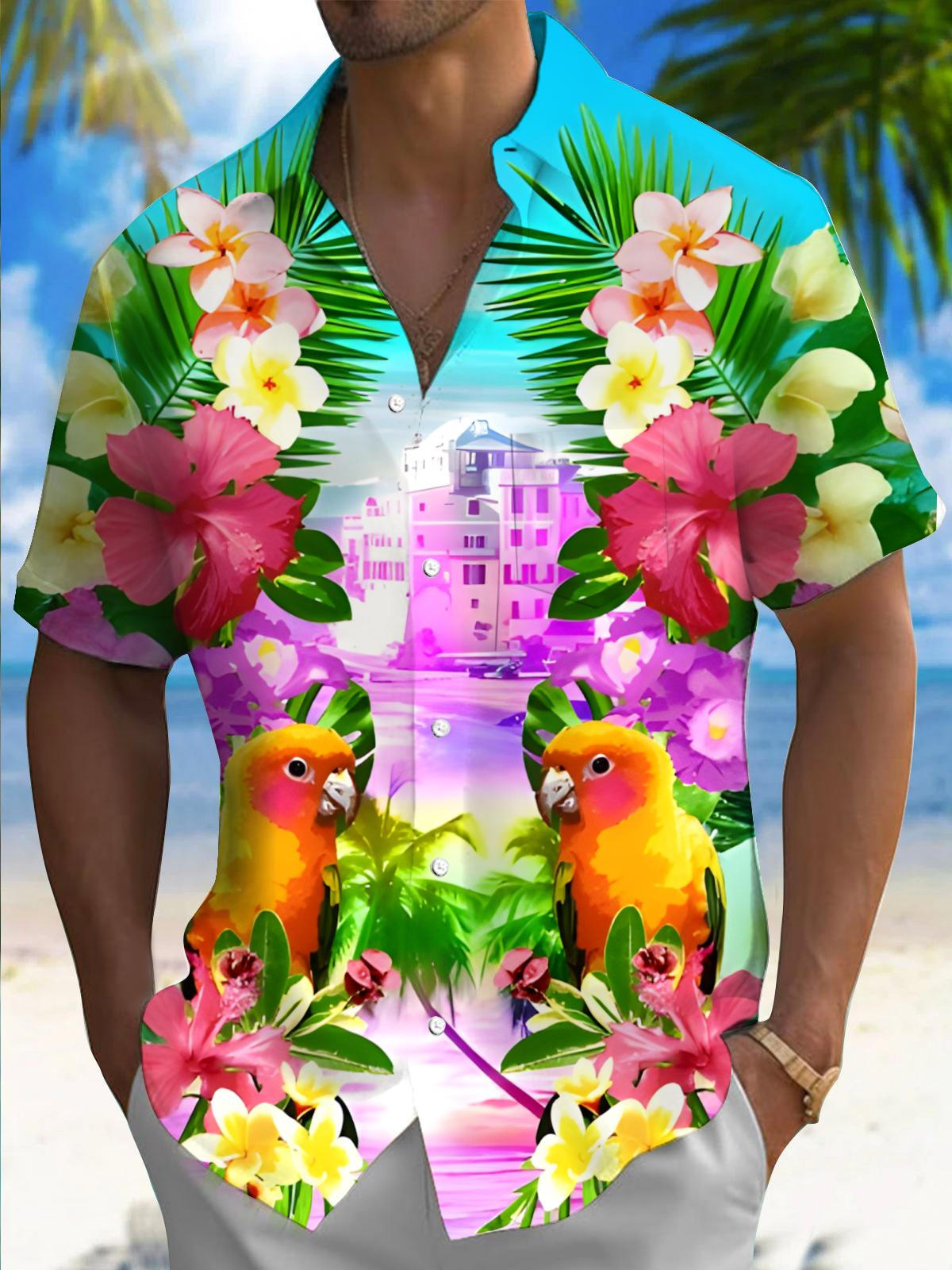 Hawaiian Plant Flower Bird Men's Pocket Short Sleeve Shirts