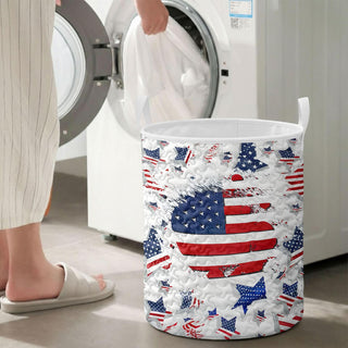 Men's red white blue quilted hamper storage bin lifestyle scene for vacation Independence Day view 25
