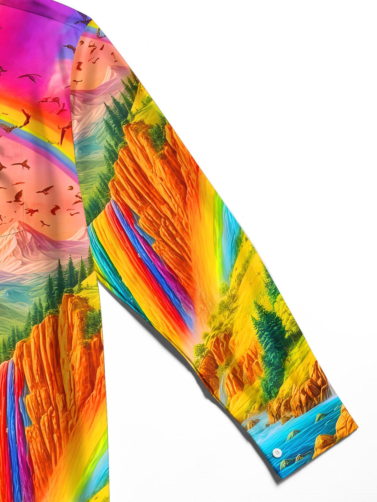 Rainbow Mountain Waterfall Birds Men's Pocket Long Sleeve Shirts