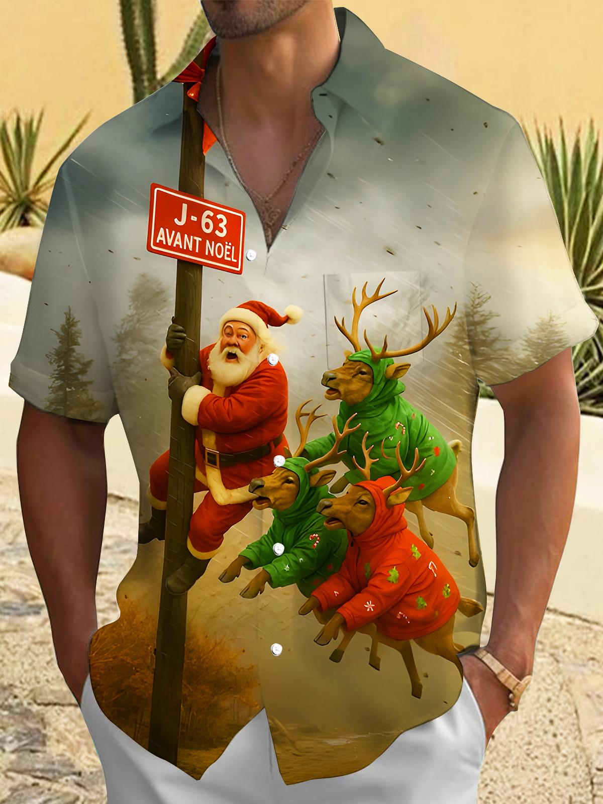 Fun Christmas Countdown Santa Claus Reindeer Escape Xmas Men's Pocket Short Sleeve Shirts