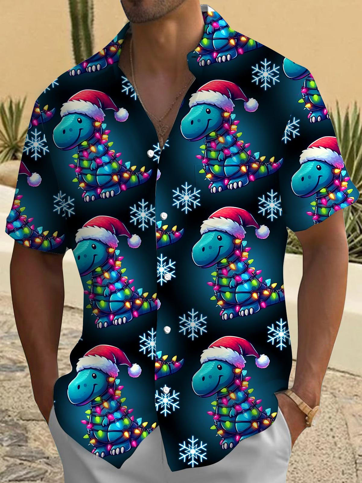 Christmas Dinosaur Print Men's Pocket Short Sleeve Shirts