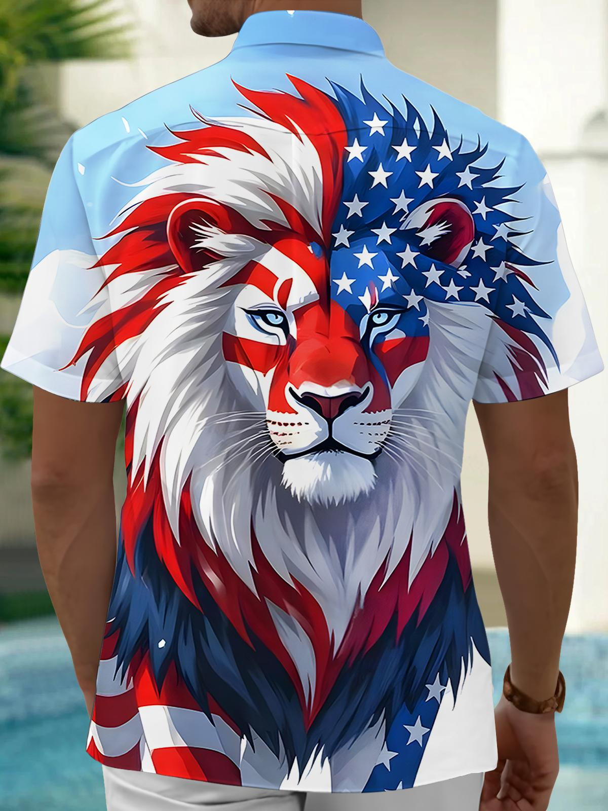 Independence Day American Flag Lion Men's Pocket Short Sleeve Shirts