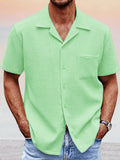 Blue Men's Cuban Collar Short Sleeve Shirt With Pocket