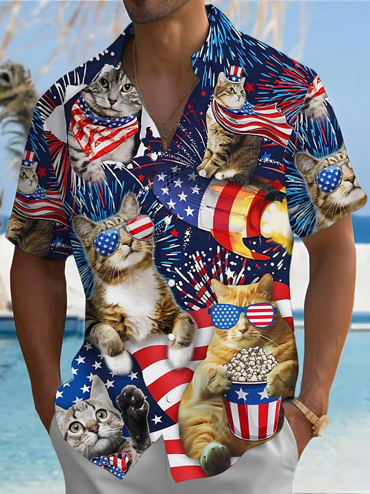 men's cat print shirt front view Independence Day