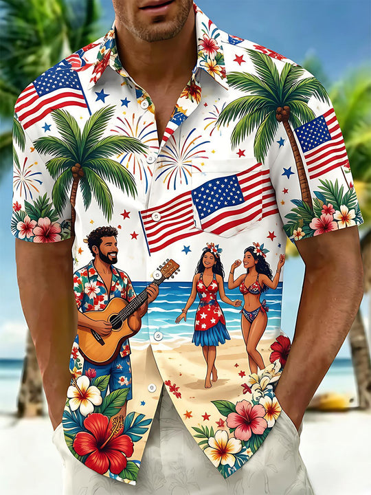 USA Independence Day Flag Coconut Tree Beach Guitar Men's Pocket Short Sleeve Shirts
