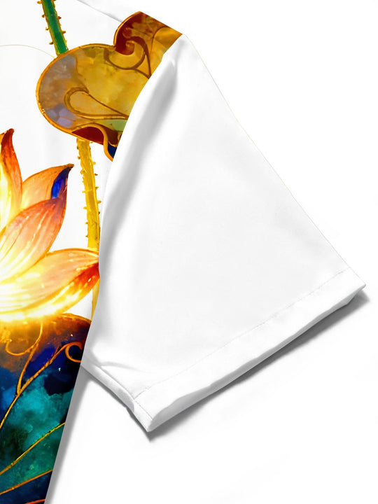 Men's gilded lotus floral pocket short sleeve shirt detail close-up