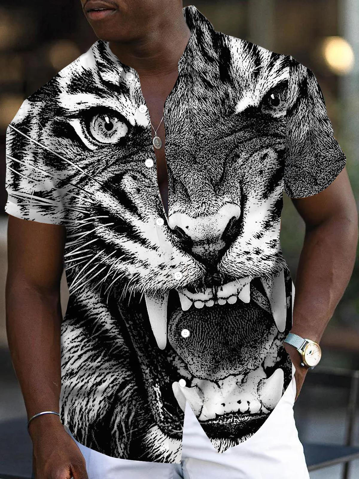 Tiger Print Men's Pocket Short Sleeve Shirts