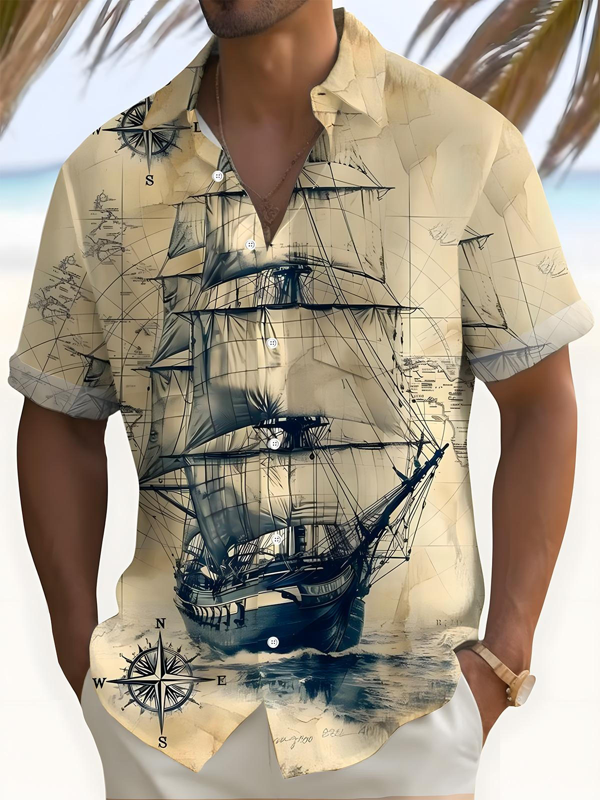 Nautical Compass Print Men's Pocket Short Sleeve Shirts