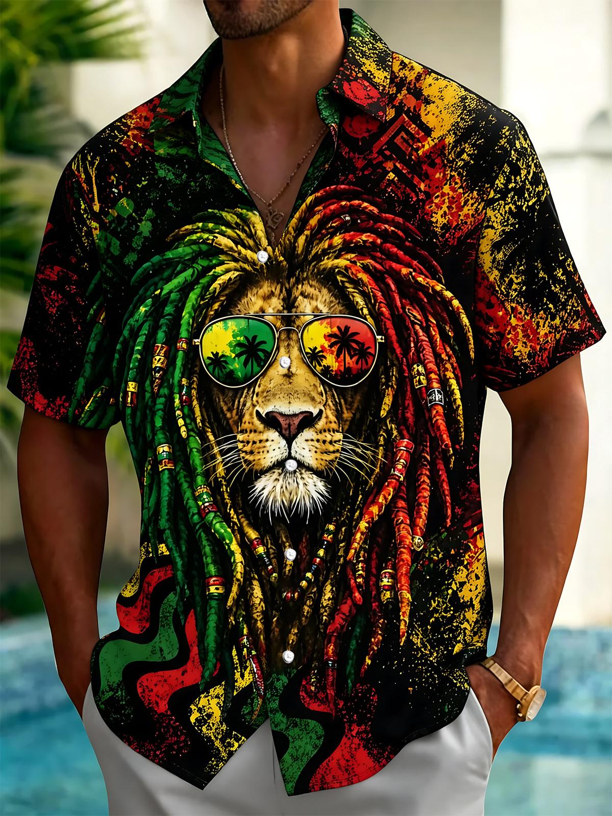 Lion Hawaiian Print Men's Pocket Short Sleeve Shirts