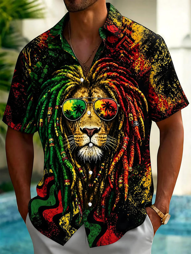 Lion Hawaiian Print Men's Pocket Short Sleeve Shirts