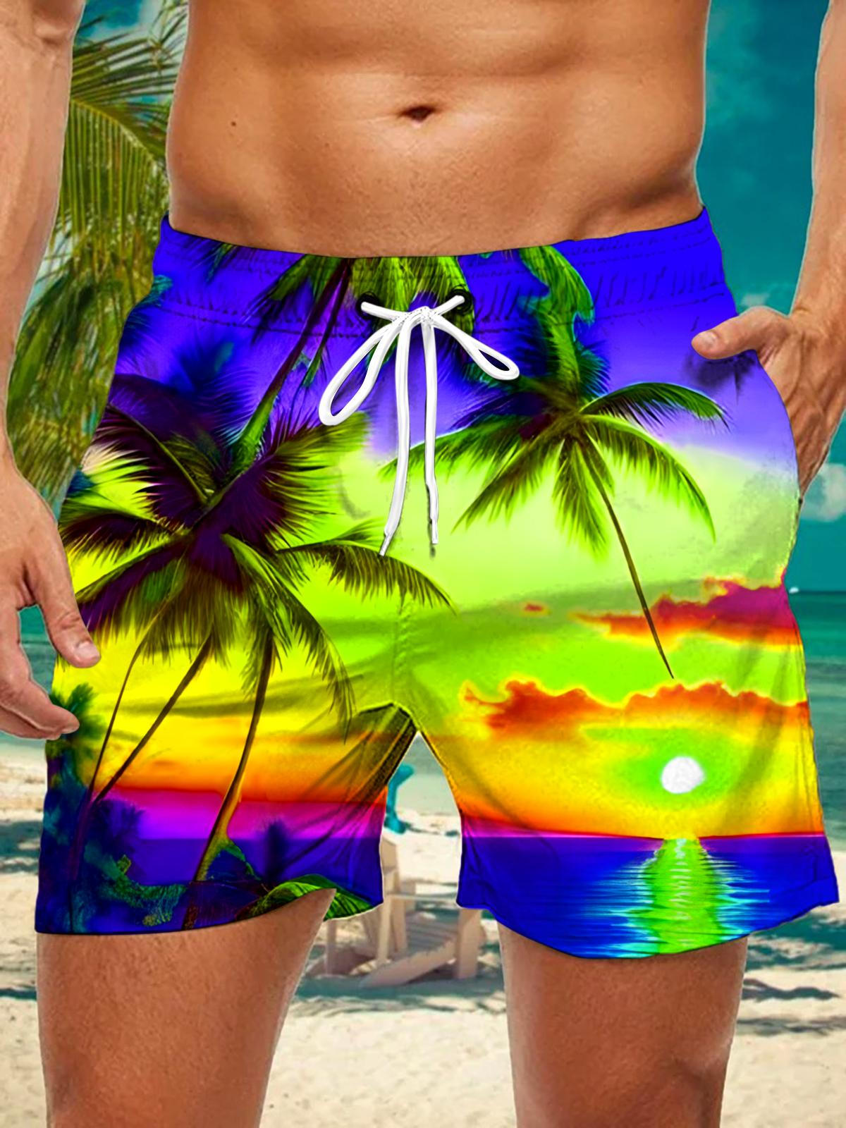 Hawaiian Palm Tree Sunset Landscape Print Men's Print Pocket Shorts