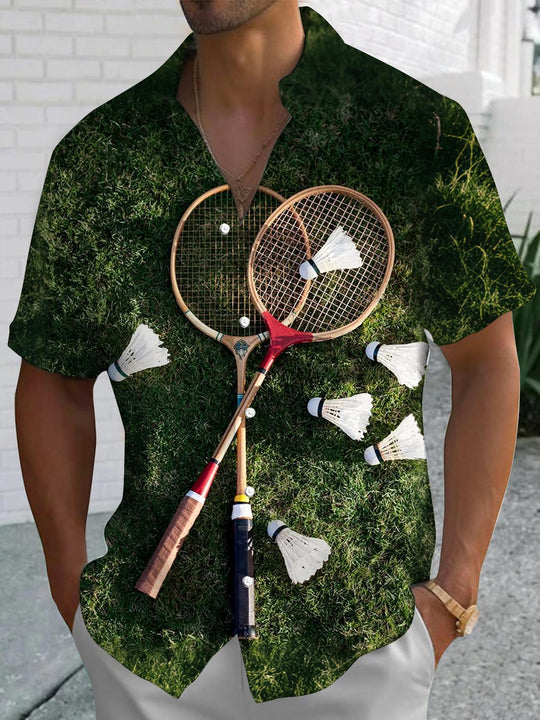 Men badminton sports print short sleeve pocket shirt front view