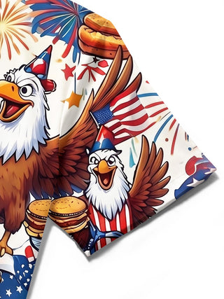 Fun Independence Day Cartoon Eagle With Hot Dogs & Burgers Men's Pocket Short Sleeve Shirts