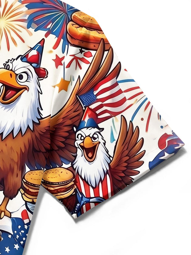 Fun Independence Day Cartoon Eagle With Hot Dogs & Burgers Men's Pocket Short Sleeve Shirts