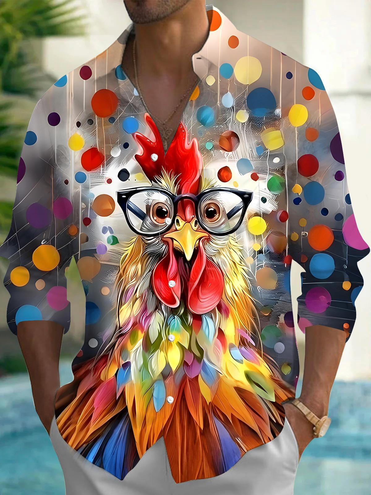 Tie Dye Chicken Men's Pocket Long Sleeve Shirts