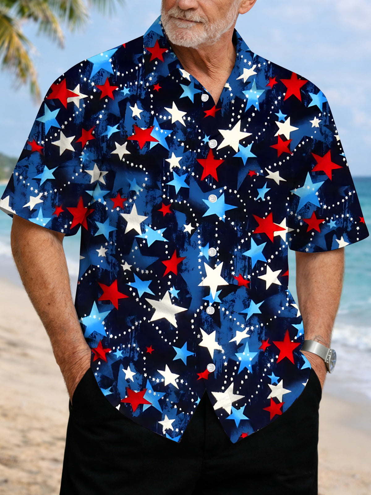 Independence Day Star Print Men's Pocket Short Sleeve Shirts