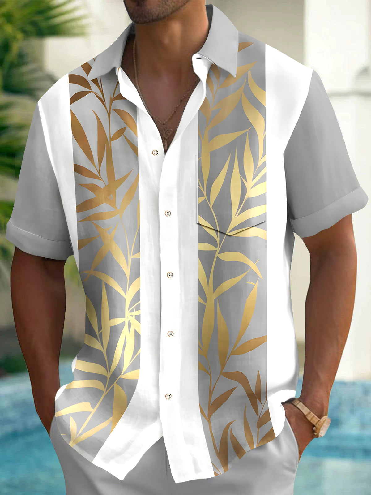 Bamboo Leaf Men's Pocket Short Sleeve Shirts