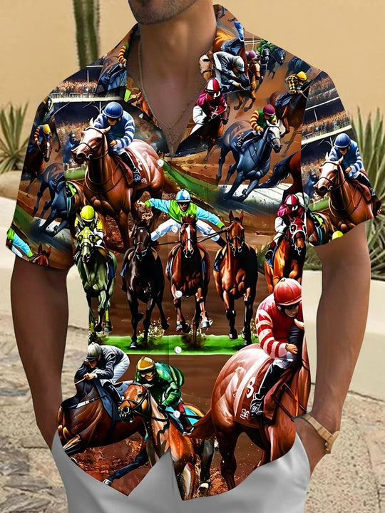 Horse Racing Men's Pocket Short Sleeve Shirts