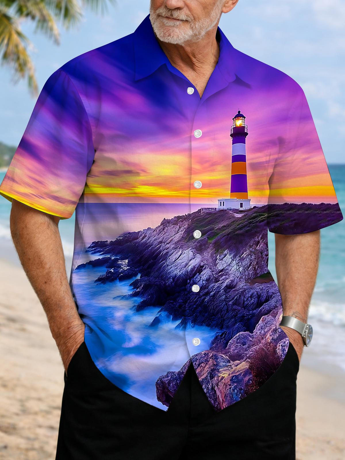 Lighthouse Print Men's Pocket Short Sleeve Shirts