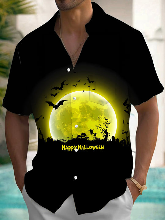 Men's Halloween moon print pocket short sleeve shirt front view Halloween costume