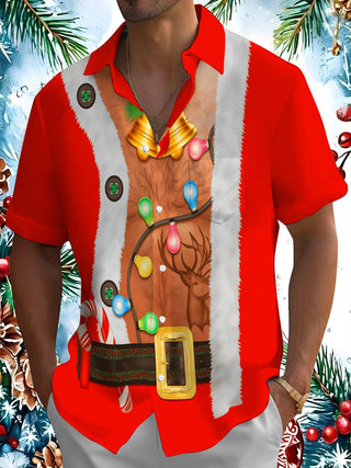 Men's funny Christmas lights print short sleeve shirt front view for holiday party