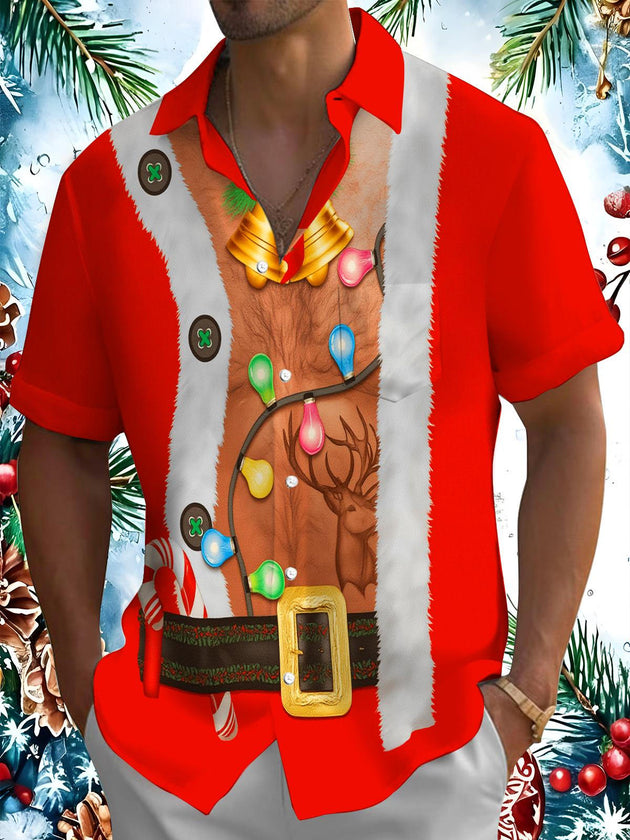 Men's funny Christmas lights print short sleeve shirt front view for holiday party