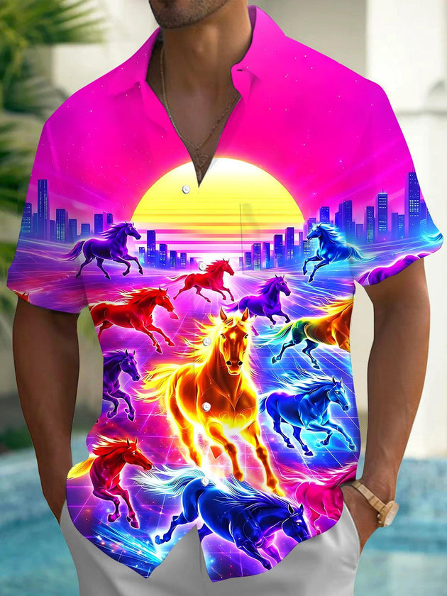Horse Sunset Men's Pocket Short Sleeve Shirts