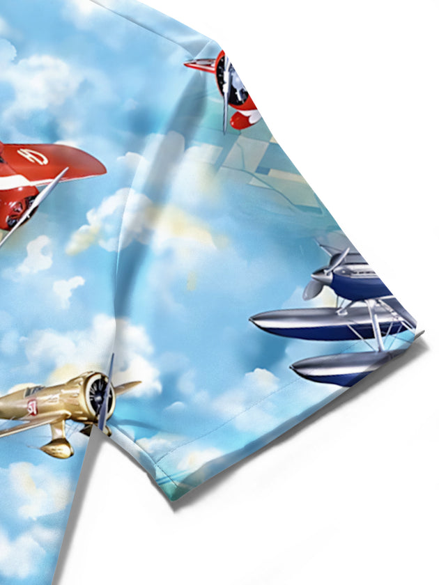 Men's airplane print pocket short sleeve shirt detail close-up