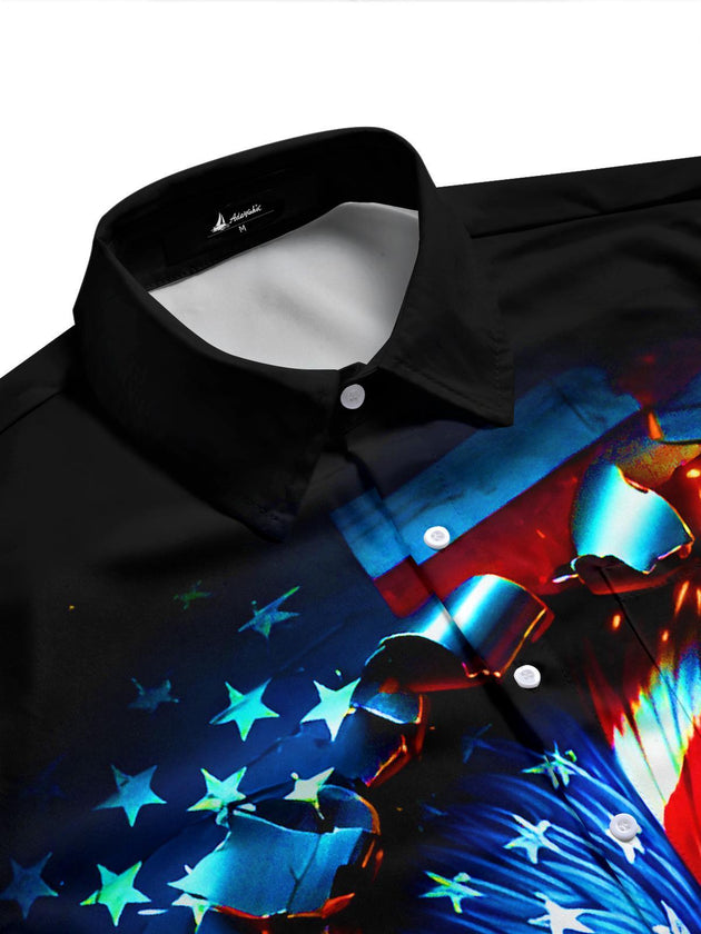 Men's dark patriotic eagle print USA flag burst short sleeve shirt side view