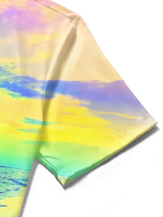 Men's beach scenery print pattern detail short sleeve shirt flat lay view