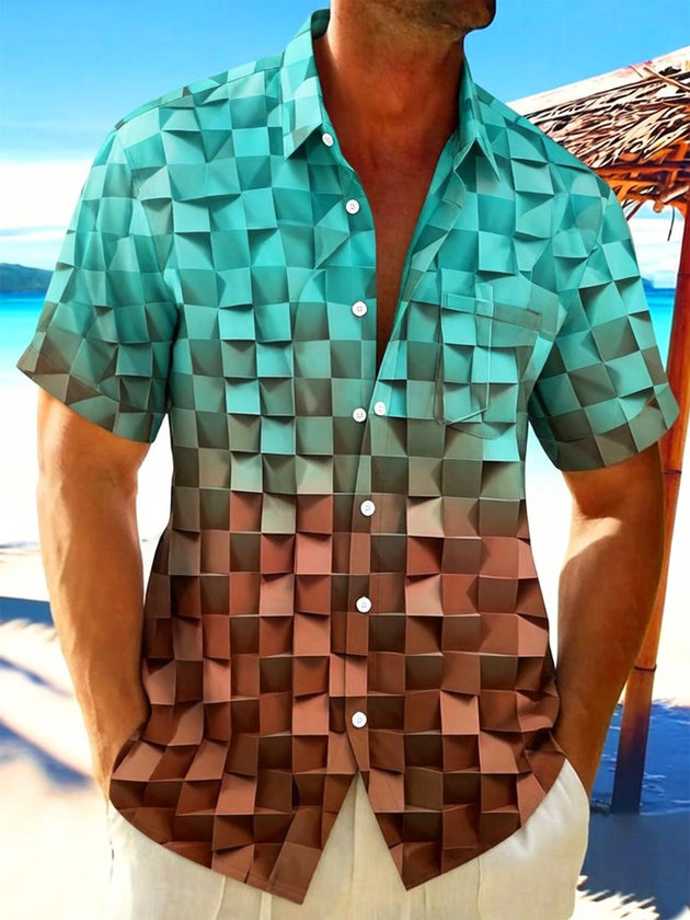 Men's Gradient Cube Geometry Pocket Short Sleeve Shirt Front View
