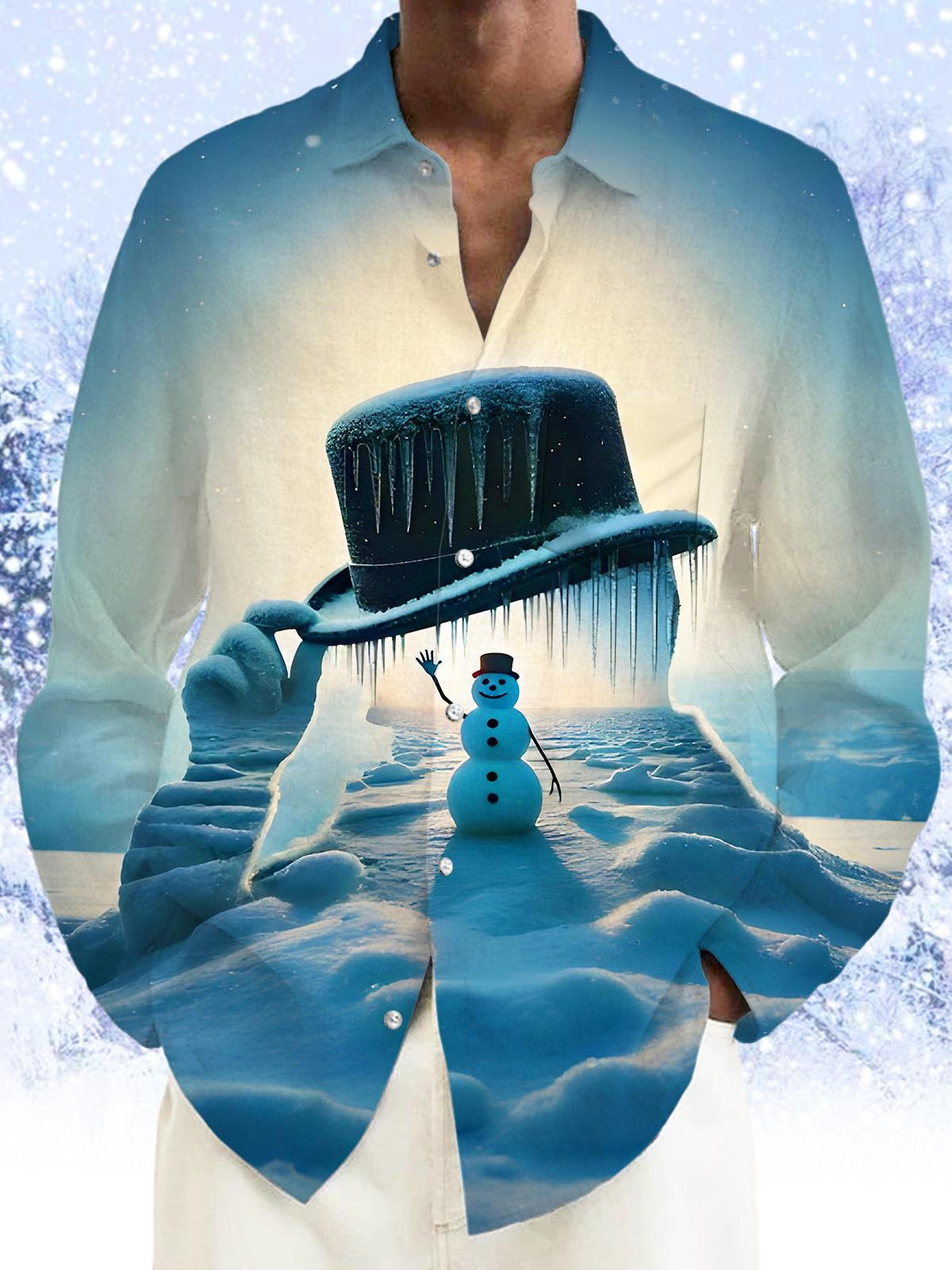 Fun Gentleman Hat Snowman Men's Pocket Long Sleeve Shirts