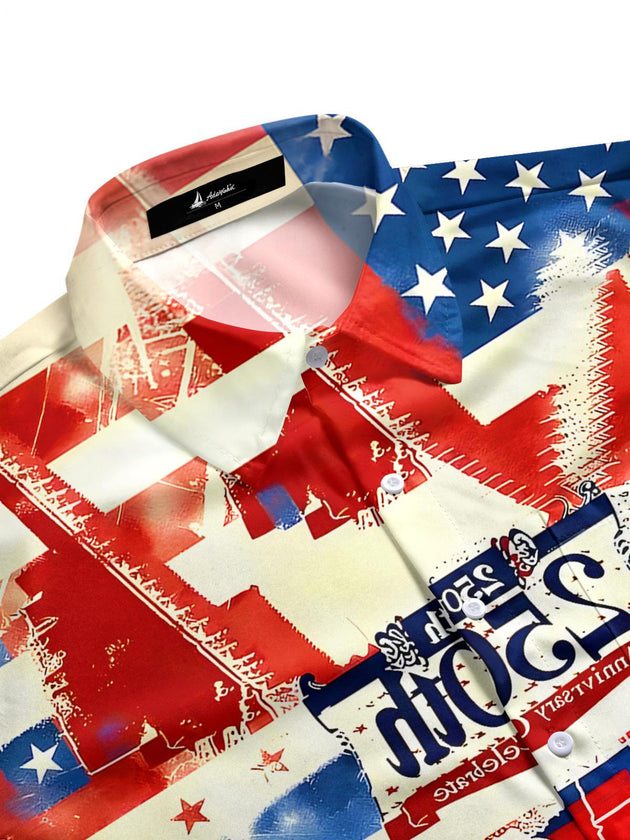 Men's patriotic American flag print short sleeve shirt side view